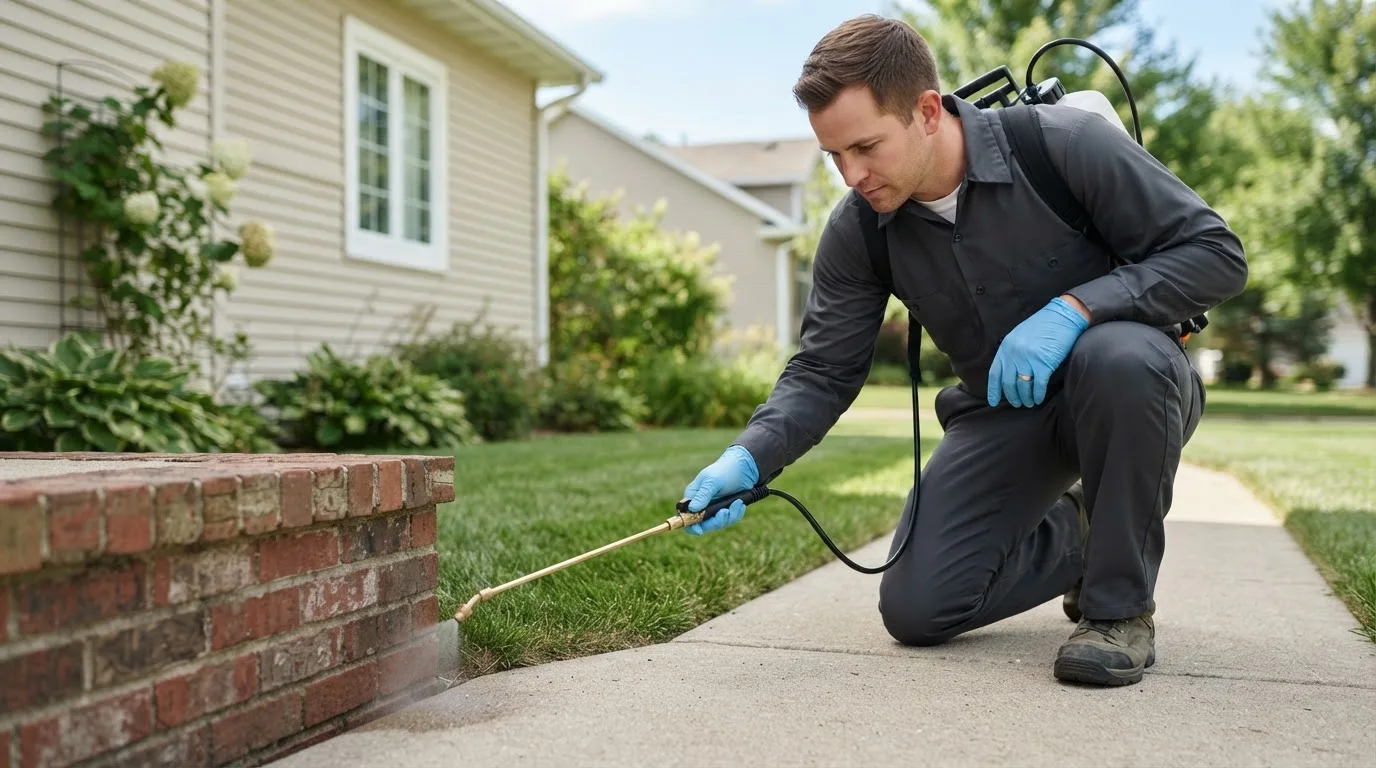 Pest control technician treating a home near Mead, OK
