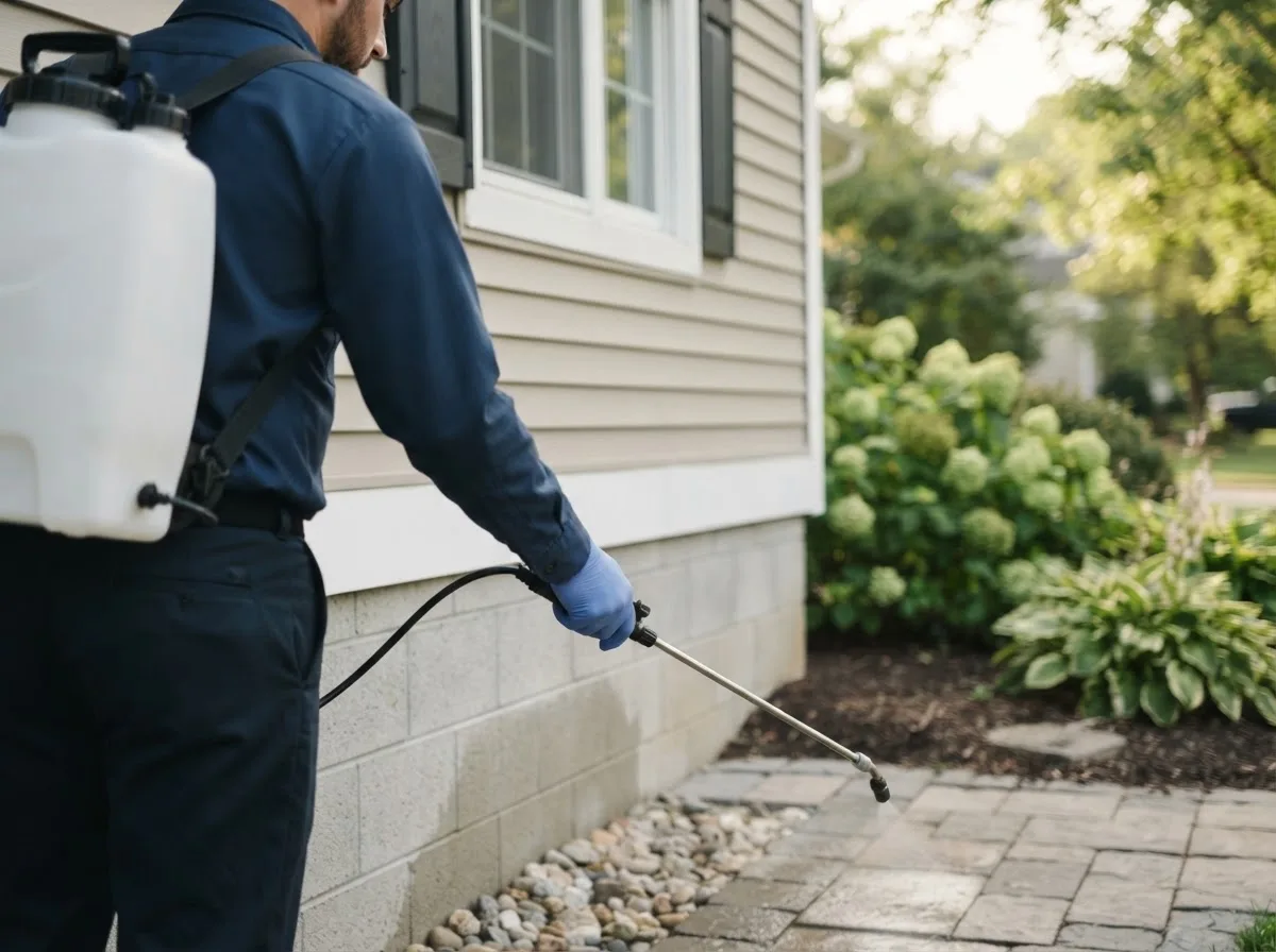 Pest control technician inspecting a home in Mead, OK